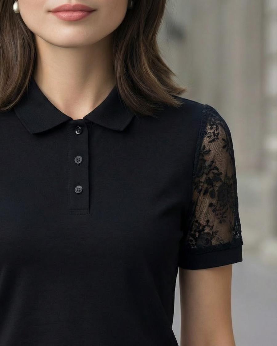 Lace Short Sleeve Blouse With Pointed Collar