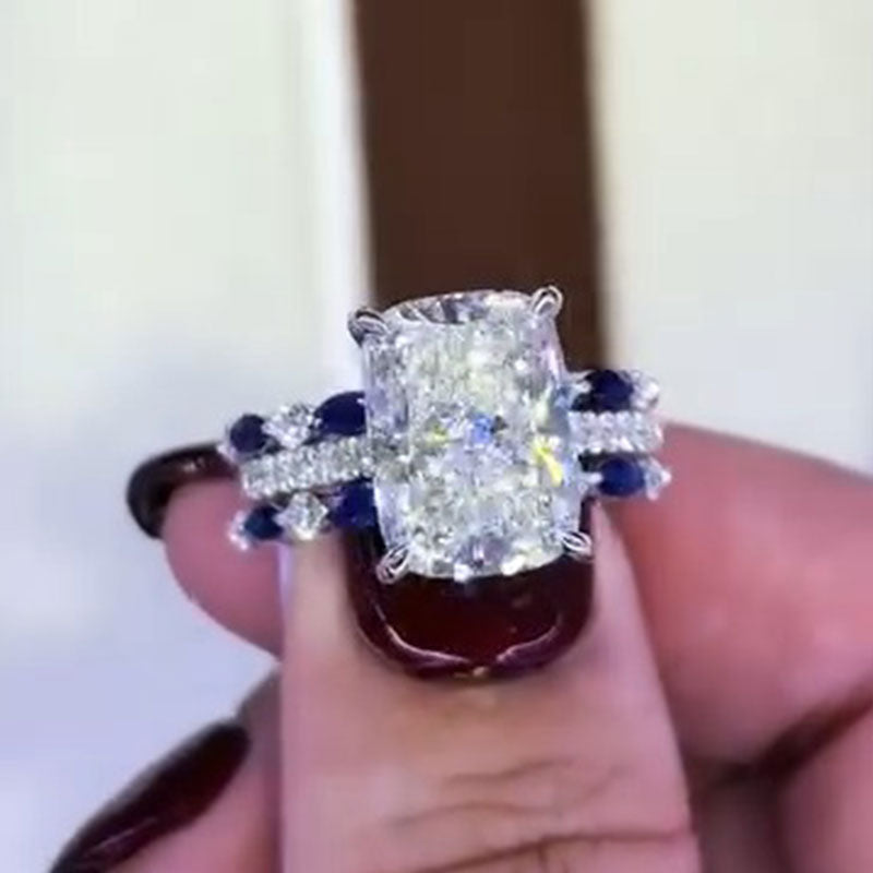 Vintage 2 PCS Blue Cushion Cut Sterling Silver Bridal Set Shine of Diamond