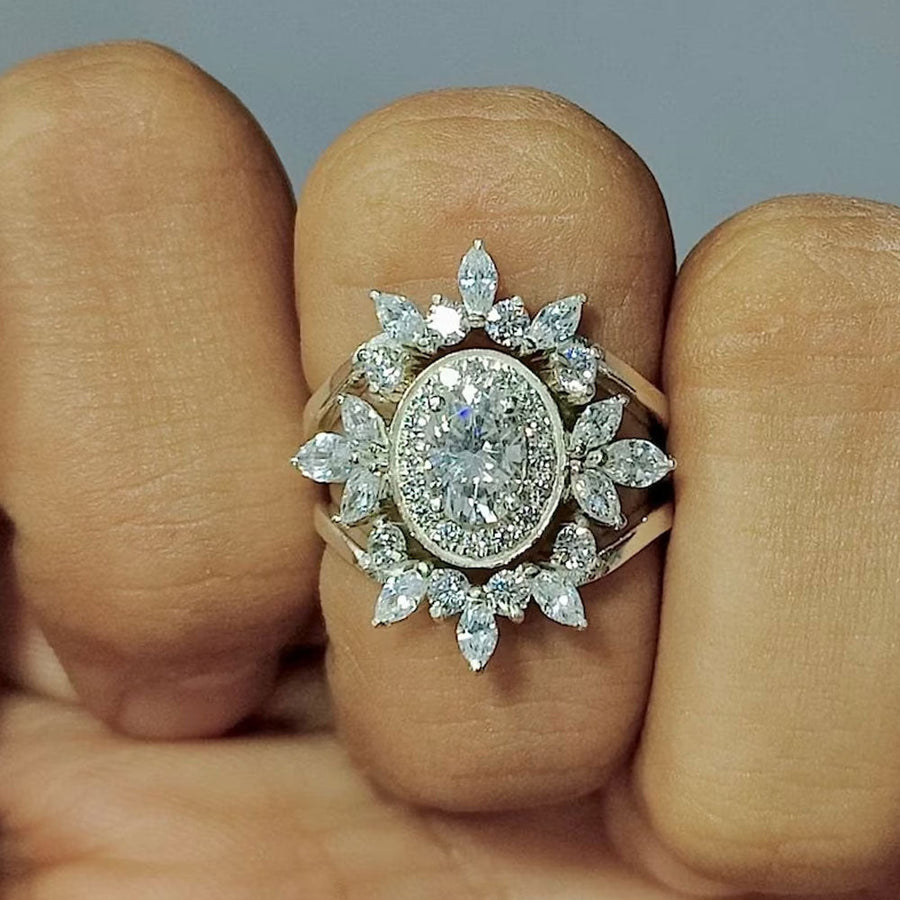 Crown Design Oval Cut Cluster Sterling Silver Bridal Ring Set hot