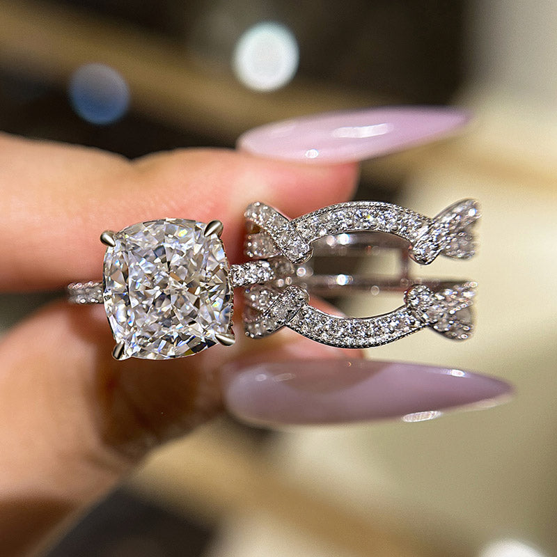 Vintage Cushion Cut Insert Wedding Bridal Set In Sterling Silver Shineofidamond