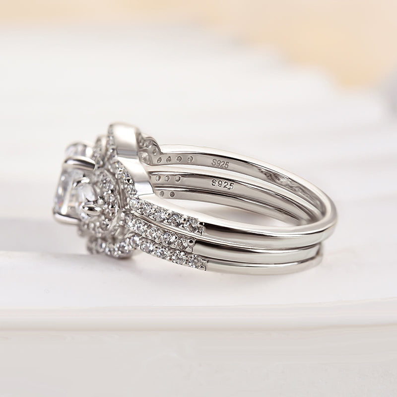 Exquisite Halo Round Cut Three Stone Sterling Silver Bridal Set Shineofdiamond
