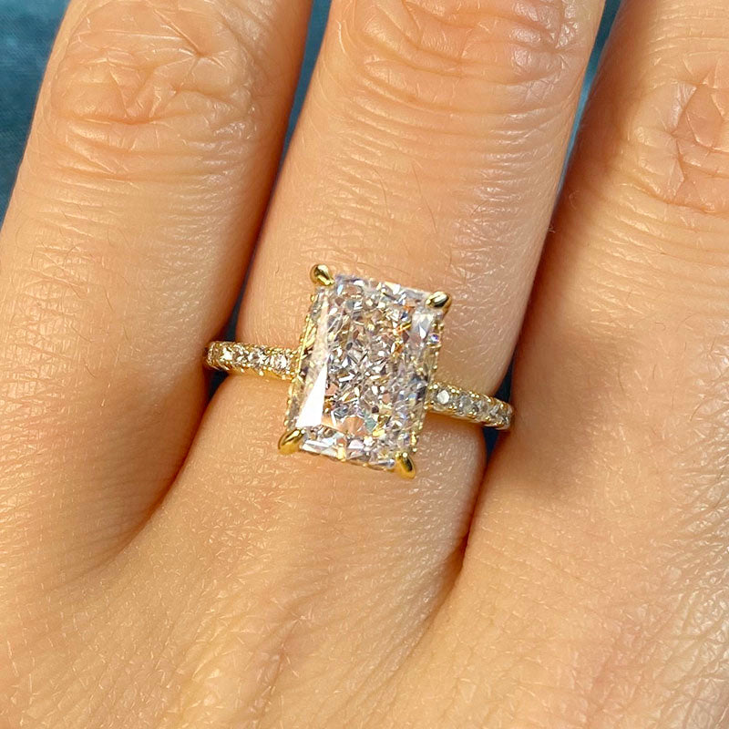 4pcs Classic Golden Tone Radiant Cut Sterling Silver Bridal Set with Two Tone Band Shineofdiamond