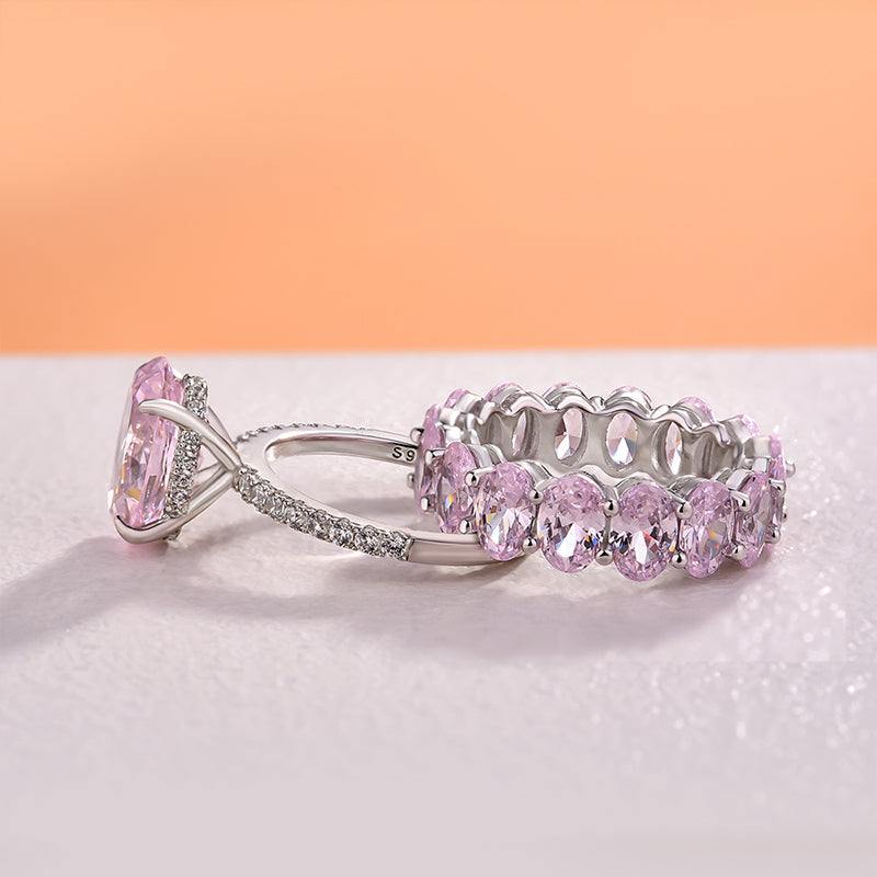 Sweet Pink Gemstone Oval Cut Sterling Silver Bridal Set Shineofdiamond