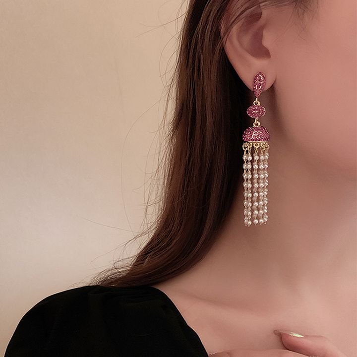 Rhinestones Paved Drop Earrings With Pearl Fringe Dobrilajewelry