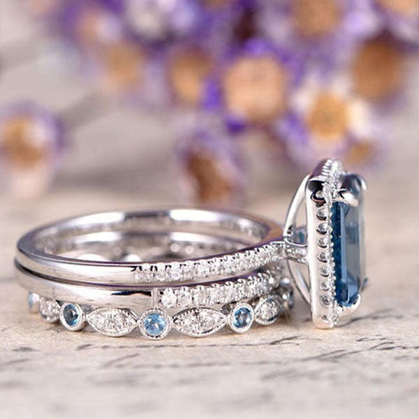Aquamarine 3-Piece Halo Emerald Cut Sterling Silver Bridal Sets hot
