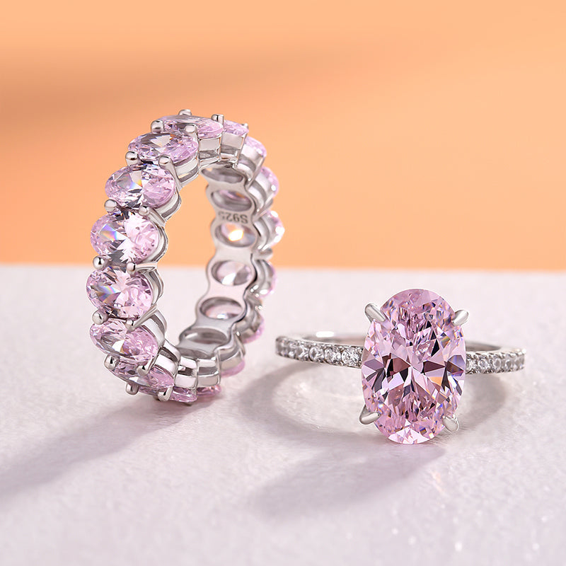 Sweet Pink Gemstone Oval Cut Sterling Silver Bridal Set Shineofdiamond