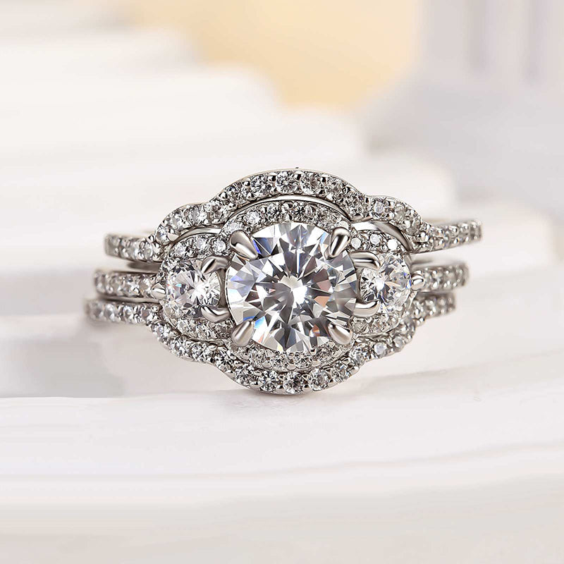 Exquisite Halo Round Cut Three Stone Sterling Silver Bridal Set Shineofdiamond