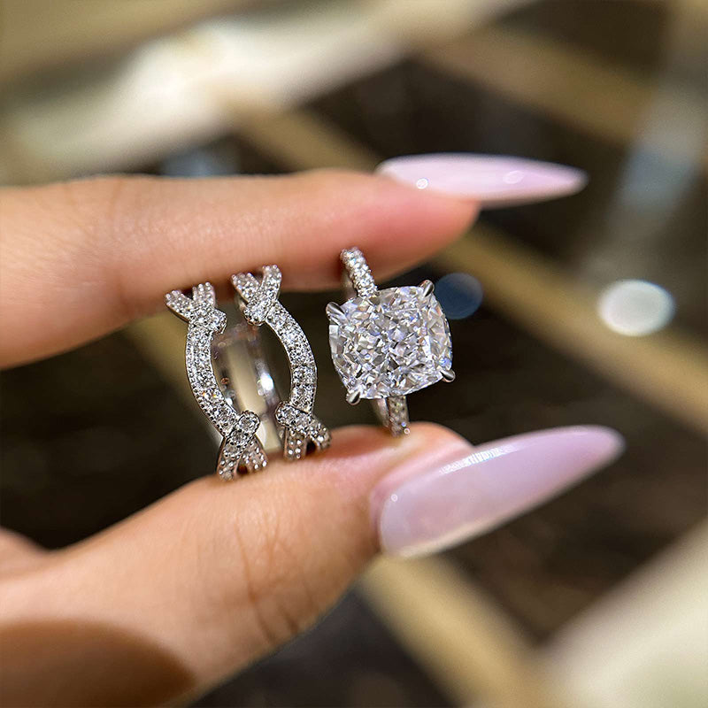 Vintage Cushion Cut Insert Wedding Bridal Set In Sterling Silver Shineofidamond