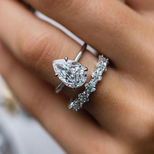 2PCS Pear Cut Solitaire Sterling Silver Bridal Set in Sterling Silver Shineofdiamond
