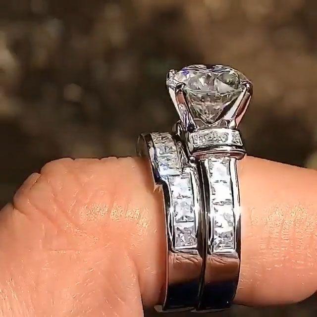 Round Cut Bridal Set Ring with Princess Side Stones Shineofdiamond