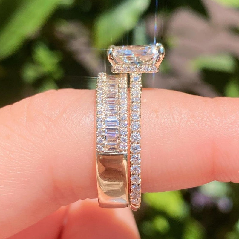 4PCS Radiant Cut Ring With Baguette & Pear Band Bridal Set in Sterling Silver Shineofdiamond