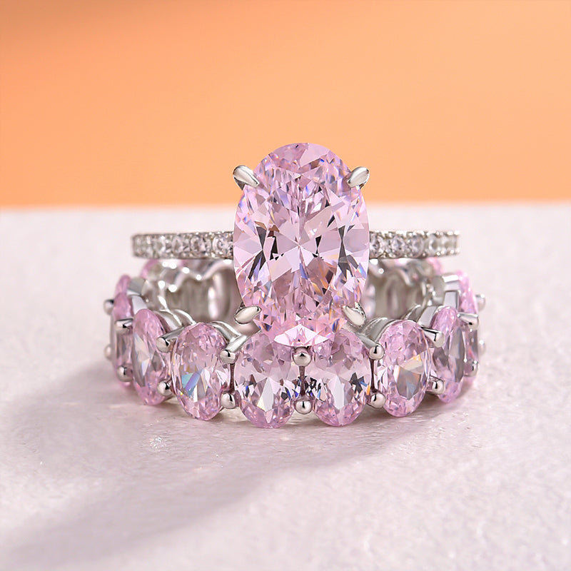 Sweet Pink Gemstone Oval Cut Sterling Silver Bridal Set Shineofdiamond