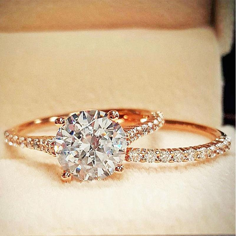 Rose Golden Tone Classic 4 Prong Round Cut Sterling Silver Bridal Set Shineofidamond