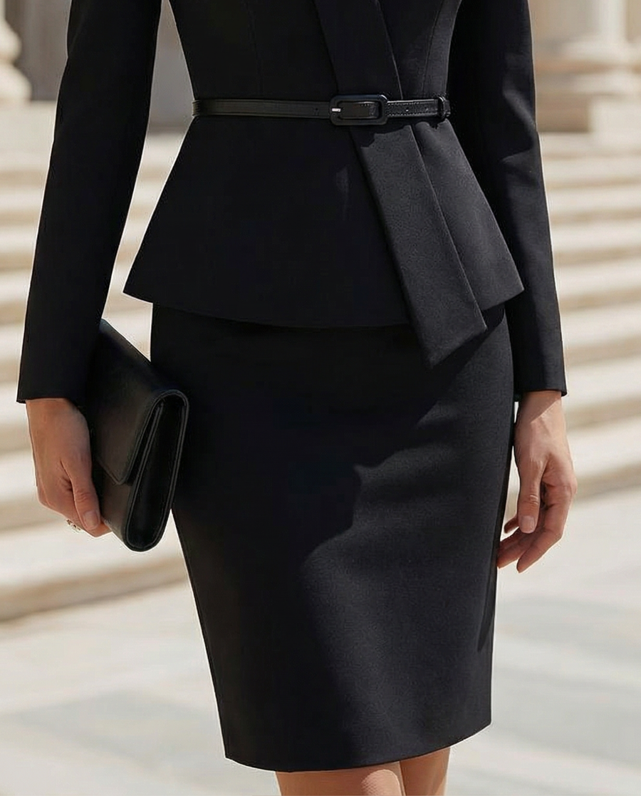 White Embellished Collar Belted Blazer With Skirt Set
