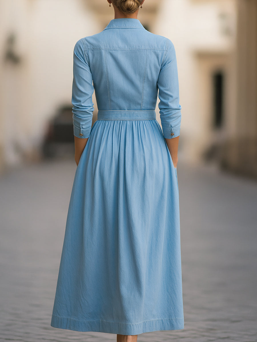 Classic Belted Denim Shirt Dress With Full Skirt ZJ