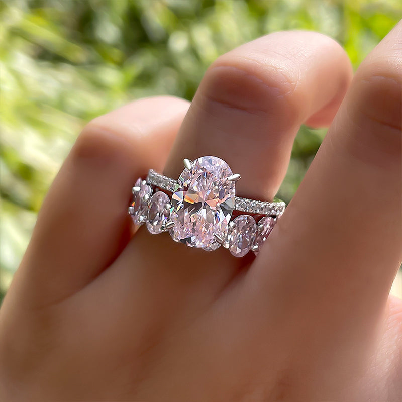 Sweet Pink Gemstone Oval Cut Sterling Silver Bridal Set Shineofdiamond
