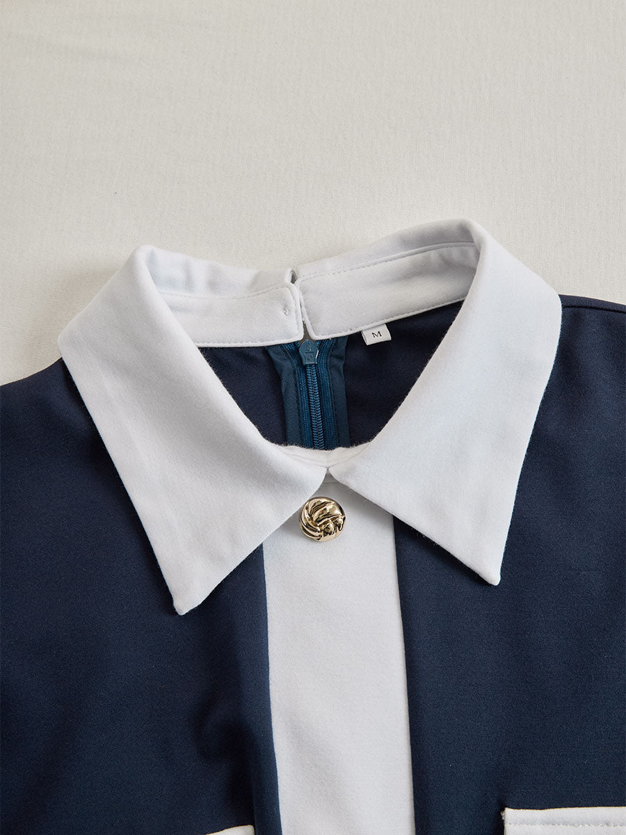 Elegant Navy & White Contrast Button-Up Midi Dress SN