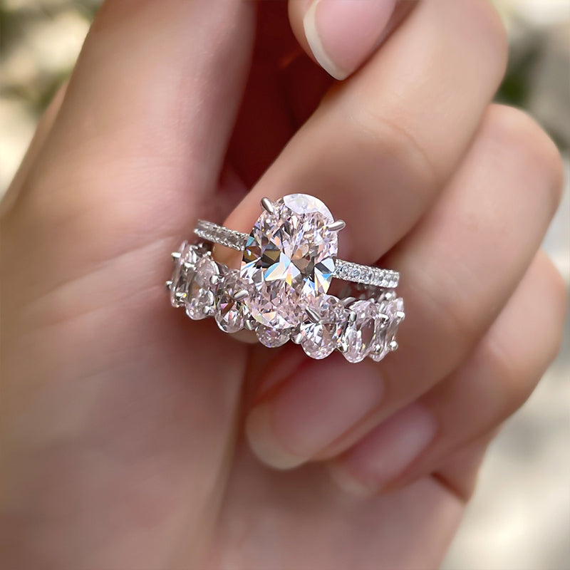 Sweet Pink Gemstone Oval Cut Sterling Silver Bridal Set Shineofdiamond