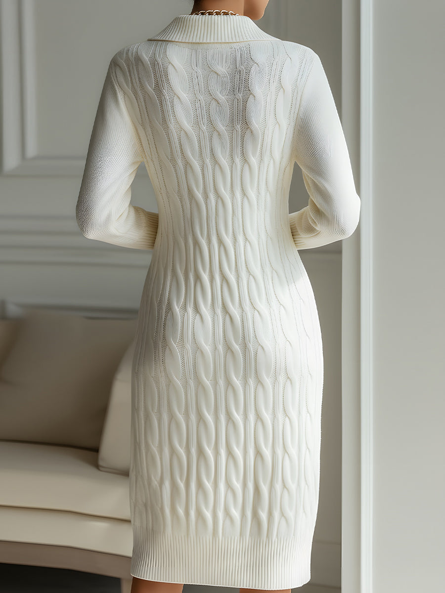 Elegant Zip-Front Knitted Sweater Dress In Ivory ZJ