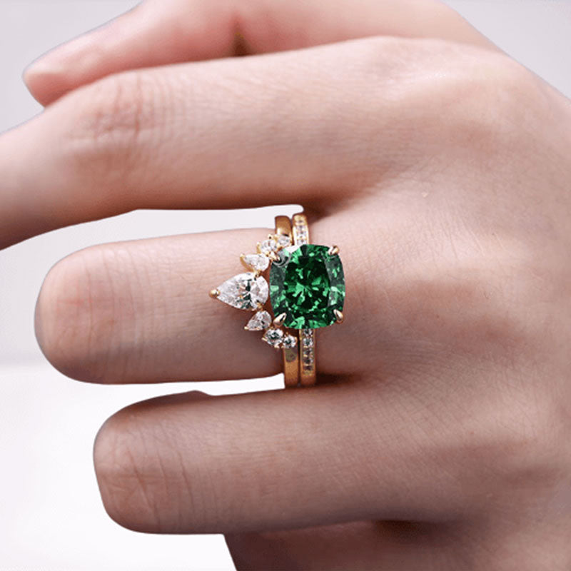 Luxurious Golden Tone Cushion Cut Emerald Green Bridal Set Sterling Silver Shineofdiamond