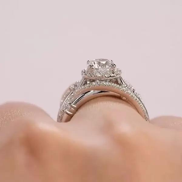 Round Cut Halo Bridal Set with Matching Band Shineofdiamond