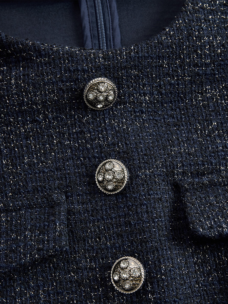 Navy Tweed Midi Dress With Embellished Buttons XYS