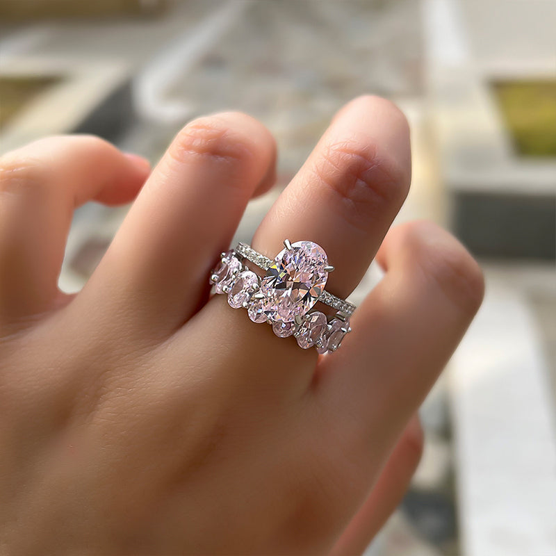 Sweet Pink Gemstone Oval Cut Sterling Silver Bridal Set Shineofdiamond