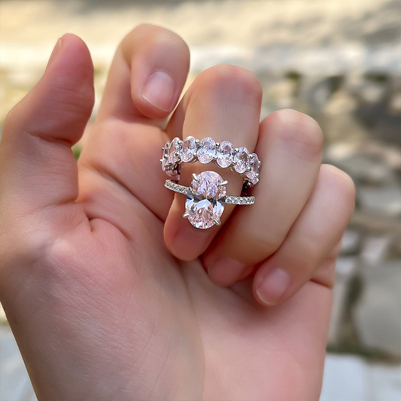 Sweet Pink Gemstone Oval Cut Sterling Silver Bridal Set Shineofdiamond