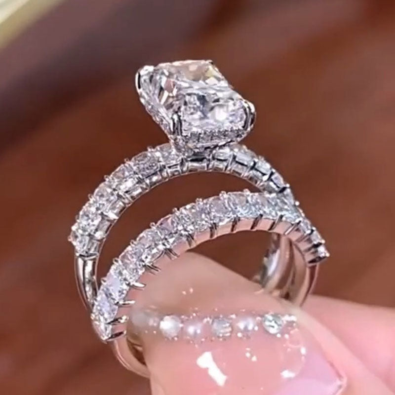 2Pcs Radiant Cut Sterling Silver Bridal Set with Eternity Band Shine of Diamond