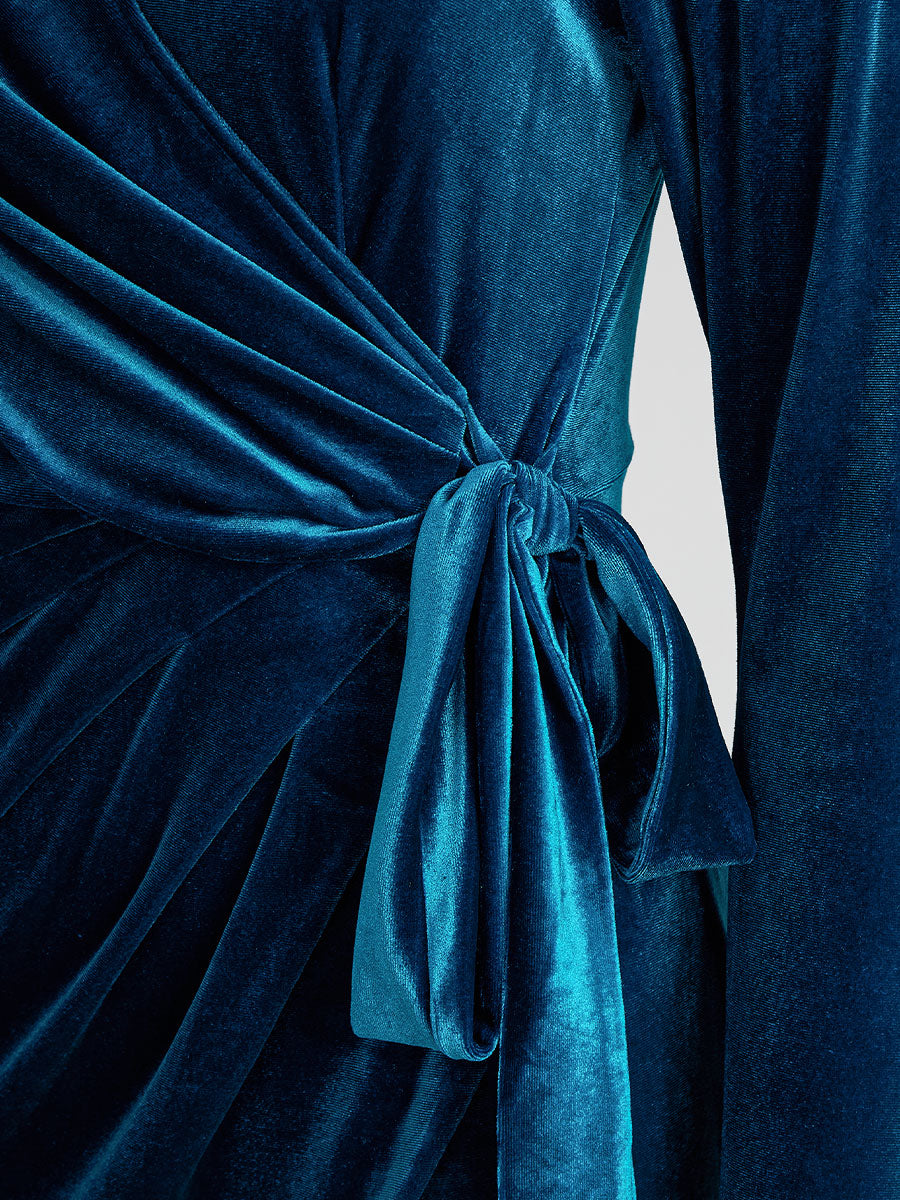 Elegant Midnight Blue Velvet Wrap Midi Dress SN