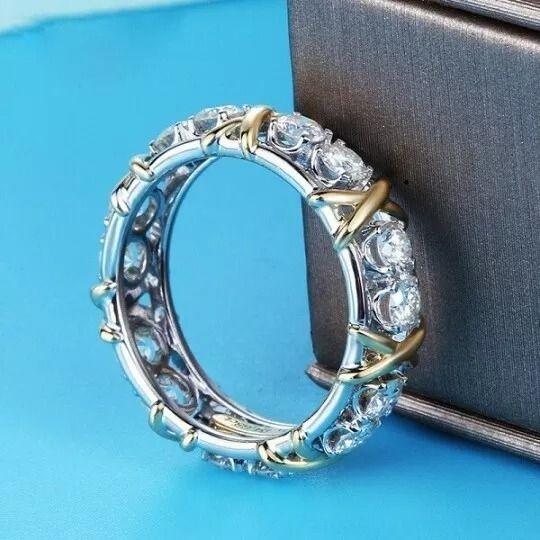 X-Shape Round Cut Sterling Silver Wedding Band shineofdiamond