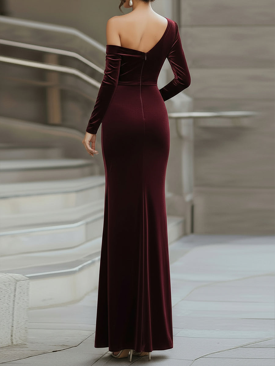 Burgundy Velvet One-Shoulder Evening Gown ZJ