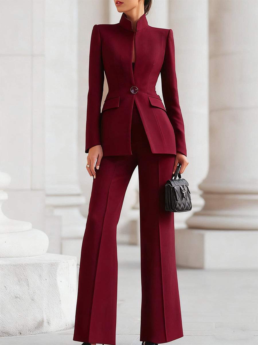 Sophisticated  High-Collar Blazer & Wide-Leg Trousers Set SN