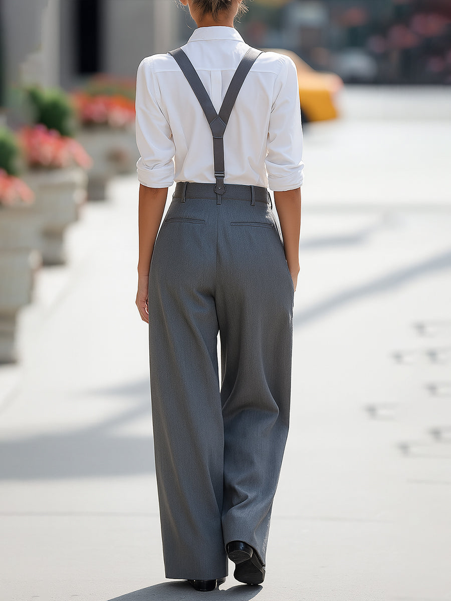 Classic White Shirt & Suspender Wide-Leg Trousers Set XYS