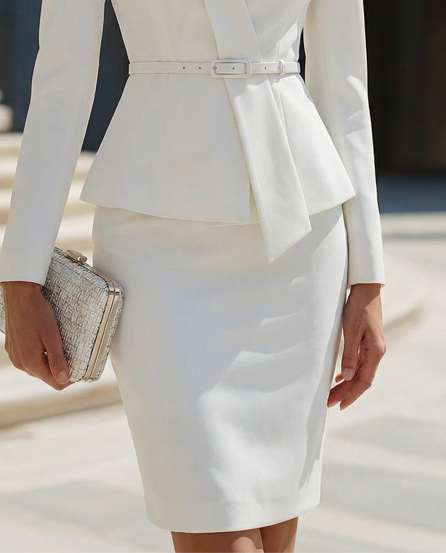 White Embellished Collar Belted Blazer With Skirt Set