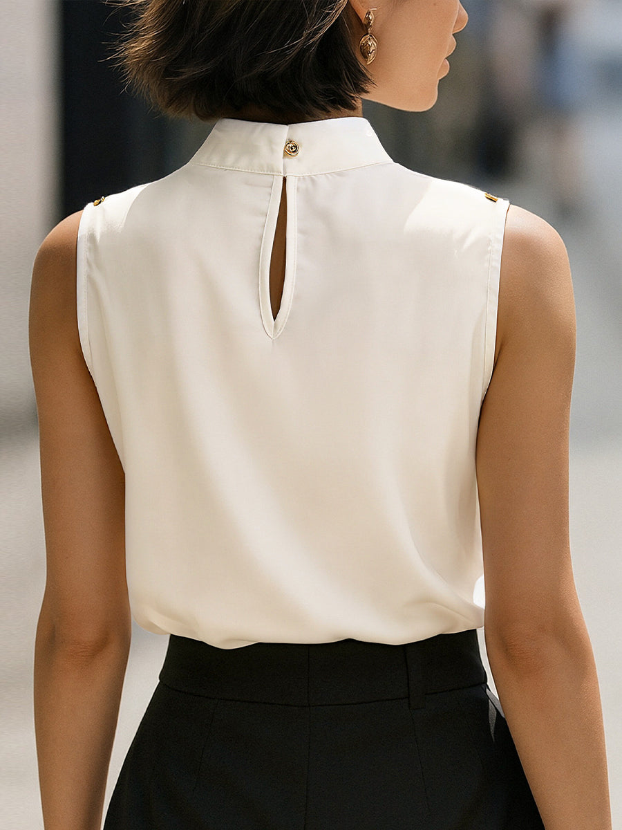 Elegant Ivory High-Neck Sleeveless Satin Blouse MLZ