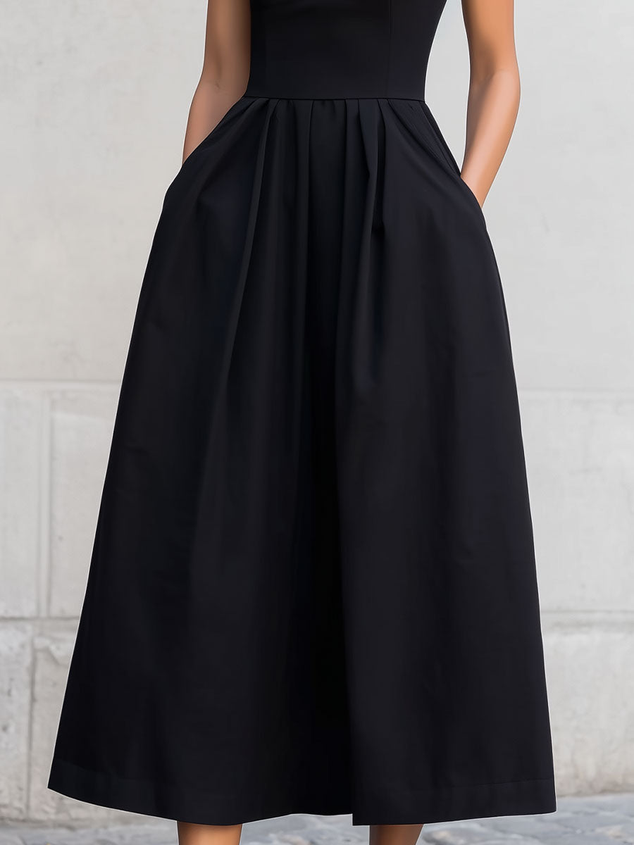 Black Sleeveless Square-Neck Midi Dress SN