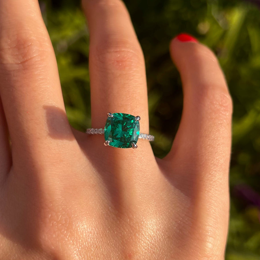 Retro Green Cushion Cut Hidden Halo Sterling Silver Engagement Ring Shine of Diamond