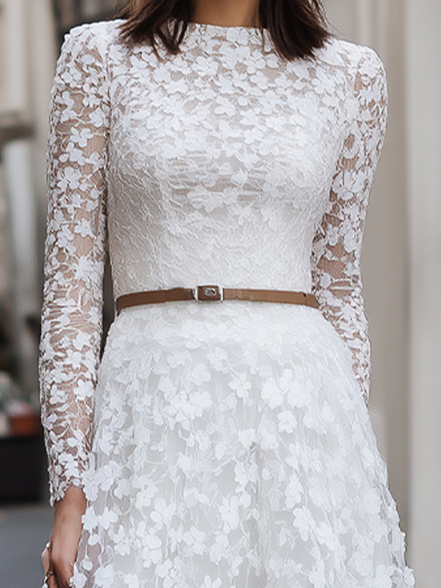 Elegant Floral Lace Long-Sleeve Midi Dress HWT
