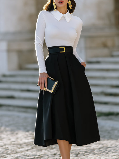 Pleated A-Line Midi Skirt With Statement Buckle Belt XYS