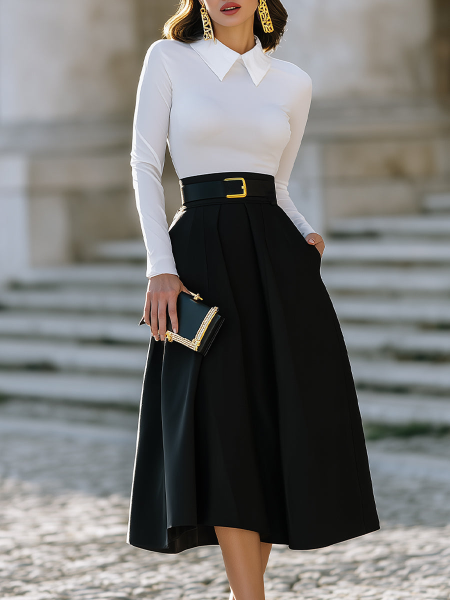 Pleated A-Line Midi Skirt With Statement Buckle Belt XYS