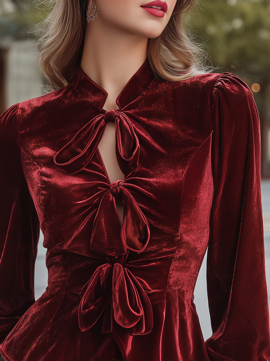 Velvet Triple-Bow Peplum Blouse MLZ