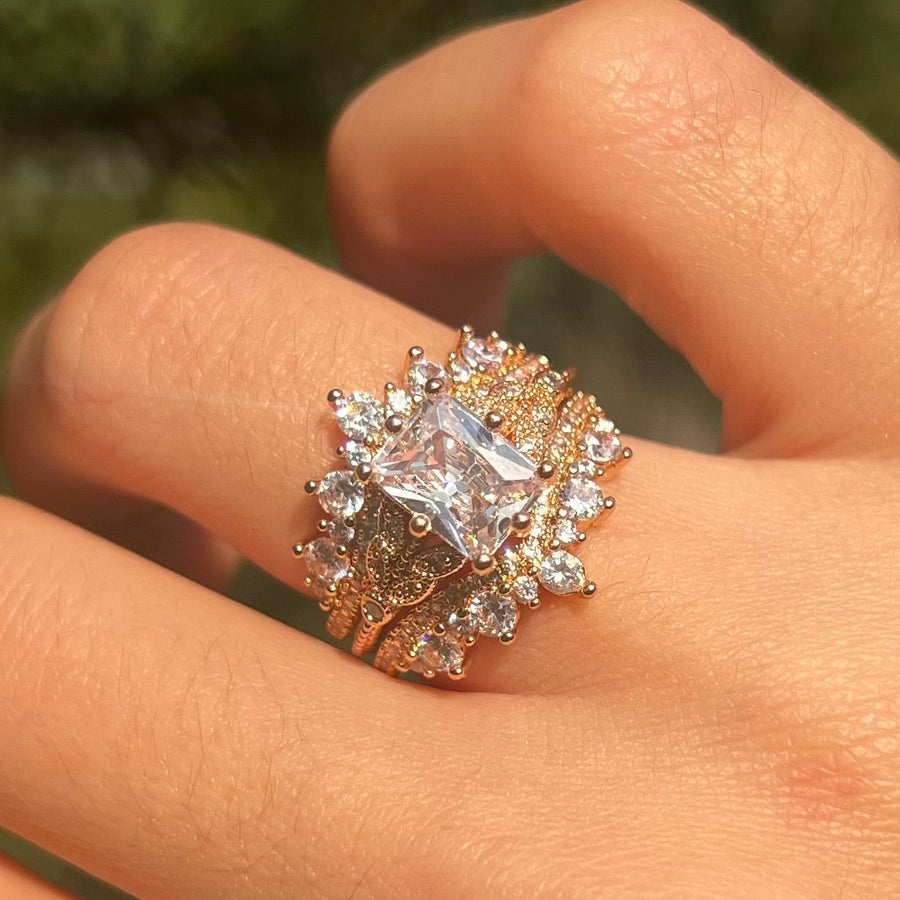 2 Pcs Radiant Cut Enhancer Rose Golden Tone Wedding Bridal Set shine