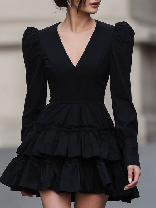 CAAYWORLD Dramatic Black Puff-Sleeve Tiered Mini Dress SN