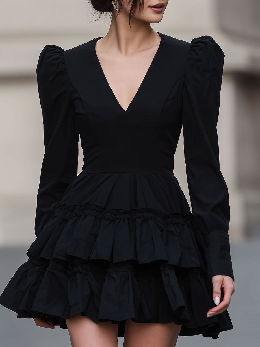 CAAYWORLD Dramatic Black Puff-Sleeve Tiered Mini Dress SN