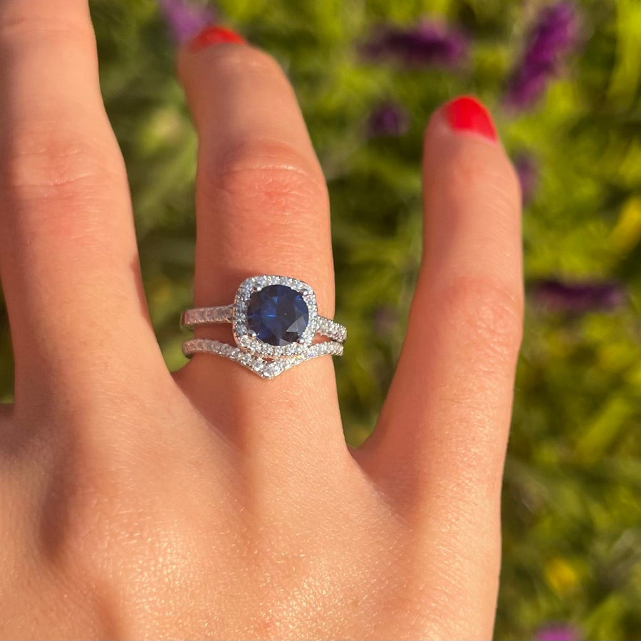 Royal Blue Cushion Cut Halo Bridal Set With V-Shape Band Shine of Diamond