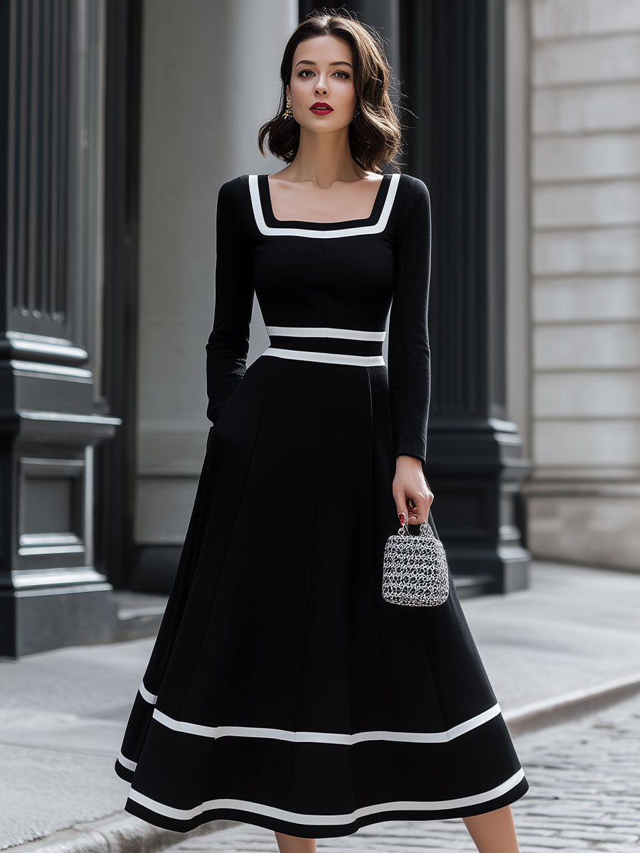 CAAYWORLD Retro Black & White Contrast Square Neck Midi Dress SN