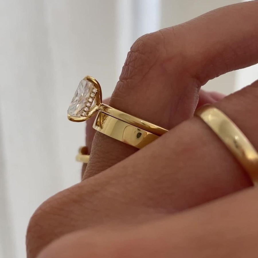 2PCS Golden Tone Hidden Halo Radiant Cut Plain Matching Band Bridal Set shineofdiamond