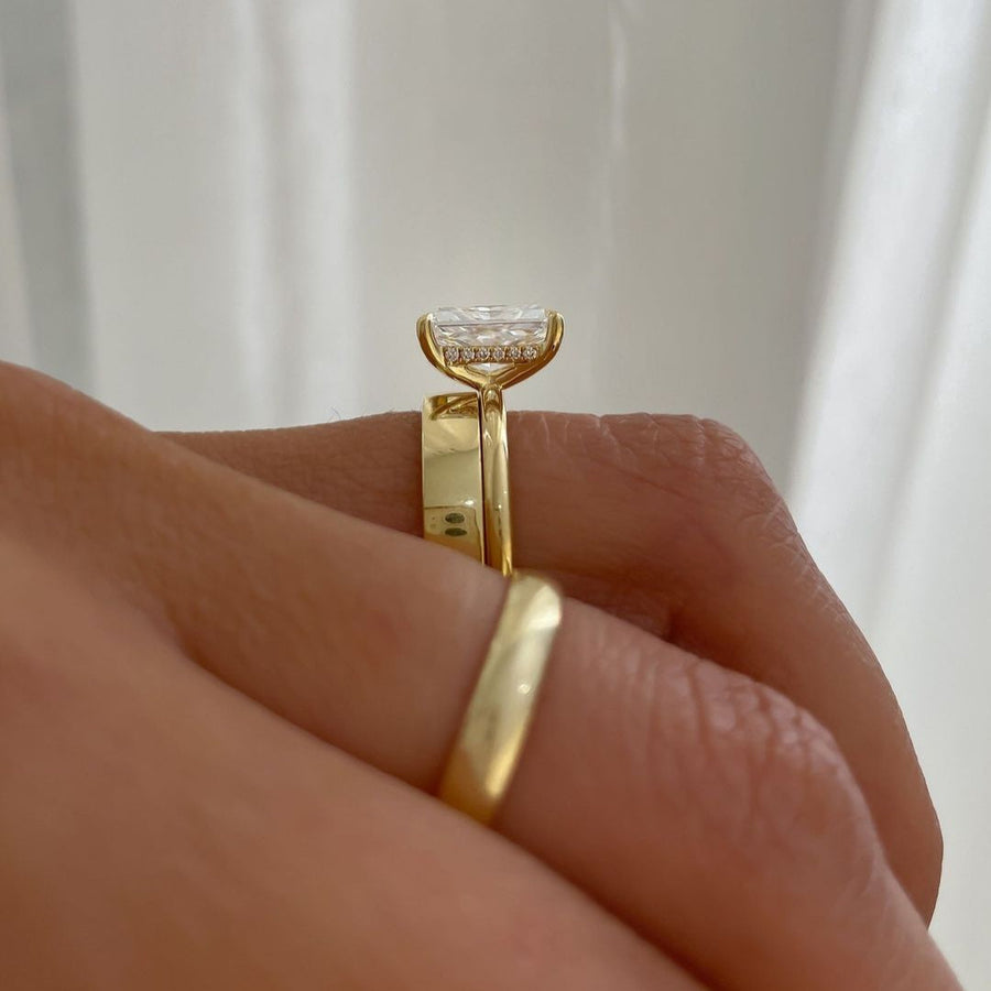 2PCS Golden Tone Hidden Halo Radiant Cut Plain Matching Band Bridal Set shineofdiamond