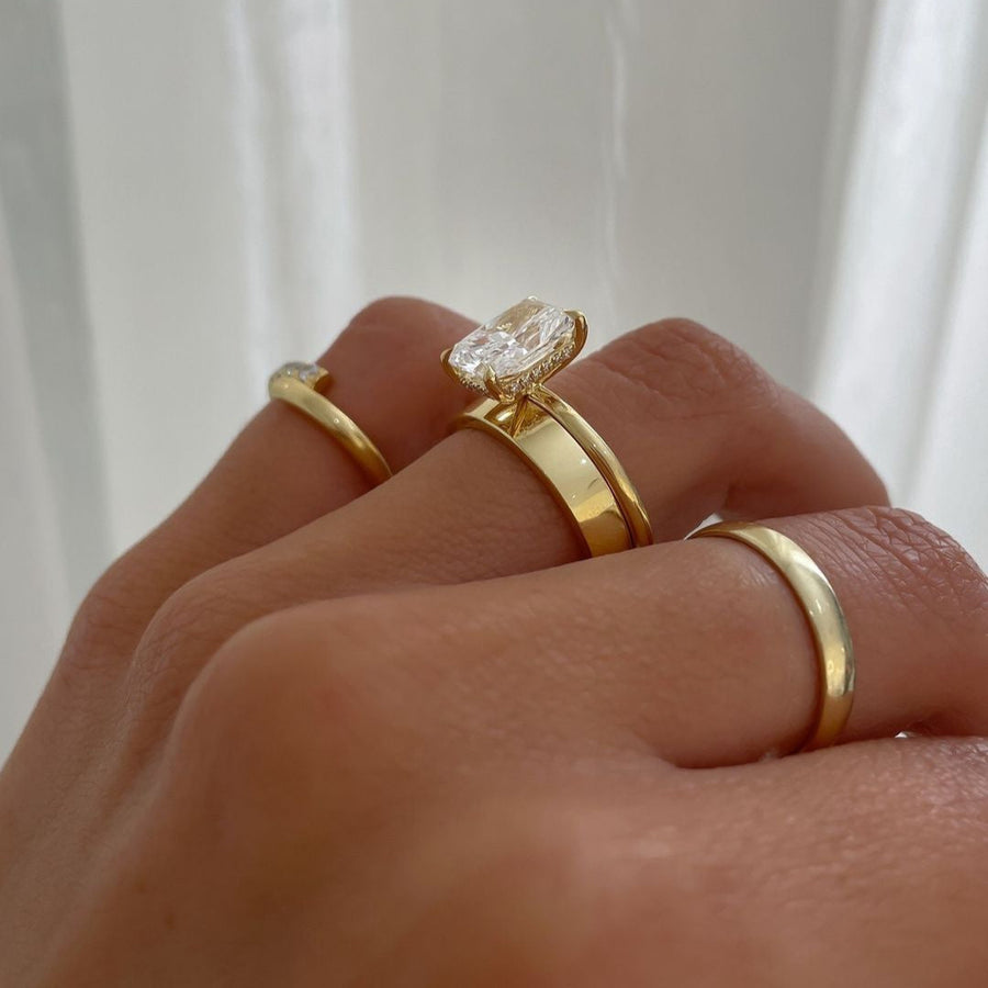 2PCS Golden Tone Hidden Halo Radiant Cut Plain Matching Band Bridal Set shineofdiamond